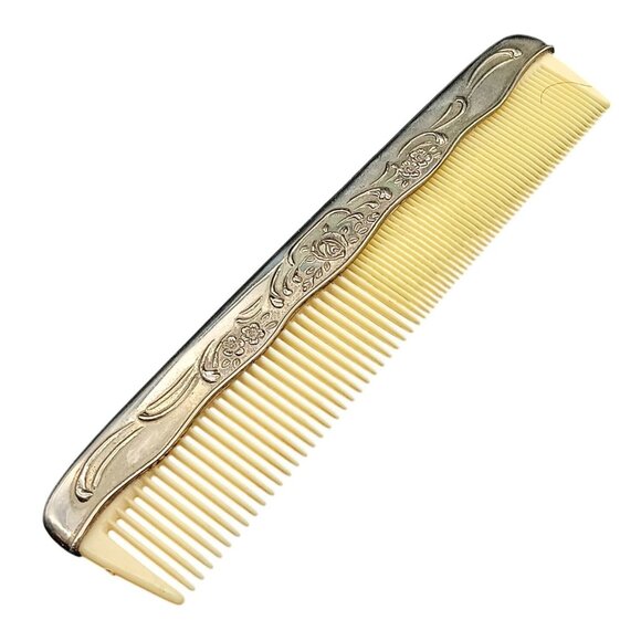 Vintage Silver Plate Embossed Comb with Ornate Floral Rose Design - Picture 3 of 3
